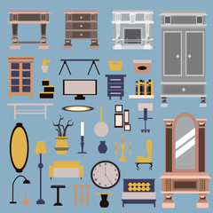 Vector collection of furniture and decor made in cartoon style.  Vector template for business card and banner.