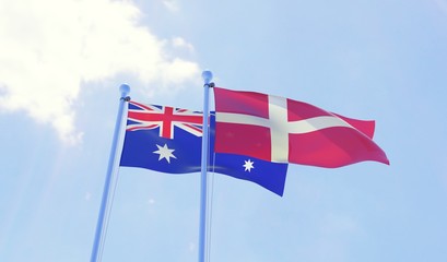 Australia and Denmark, two flags waving against blue sky. 3d image