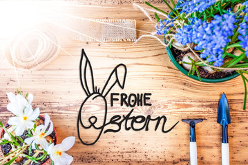Sunny Spring Flowers, Calligraphy Frohe Ostern Means Happy Easter