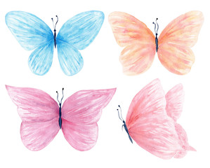 Watercolor butterfly set hand drawn painting. Can be used for greeting cards,wedding invitations,logo,T-shirts,bags,posters,printing on fabric,wallpaper,packaging.