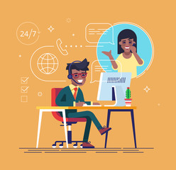 African american helpline operator with headset consulting a client. Online global tech support 24/7. Operator and customer. Technical support concept. Vector illustration in flat design.