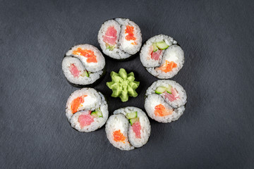 Rolls Yin Yang top view on the slate Board