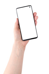 Smartphone with a blank white screen. New popular smartphone in hand on white background.
