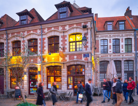 Red brick houses with high windows in Lille, France