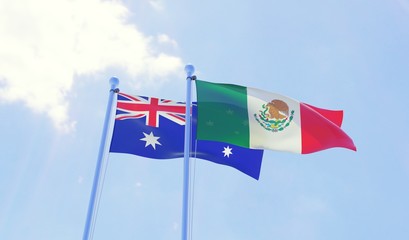 Australia and Mexico, two flags waving against blue sky. 3d image