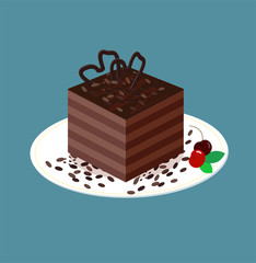 Chocolate sponge cake with cakes and cherries. Cocoa jelly cube and mint leaves. Vector illustration of a dessert on a plate in isometric style. Puff chocolate cake. For menu, pastry, game apps.