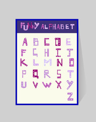 Funny alphabet for children. ABS design with a geometric pattern. Vector cartoony violet letters on white background. Cute illustration for children's magazines, cards, posters, printing on pillows.