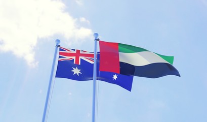 Australia and UAE, two flags waving against blue sky. 3d image