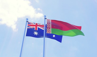 Australia and Belarus, two flags waving against blue sky. 3d image