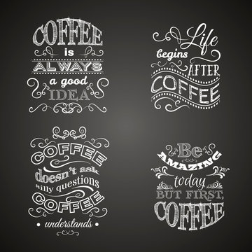 Set of quote typographical background about coffee made in hand drawn vector style. Trendy creative template for poster, banner,business card