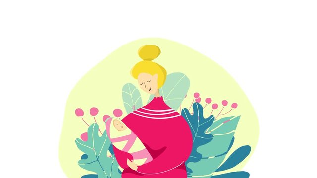Mother's Day holiday. Happy motherhood concept. Mom and her newborn baby. Motion graphic in flat style.