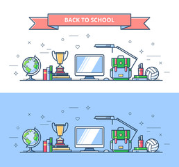 Back to school banners. Scene from school items. Education concept. Set of school elements: computer, backpack, globe, books, cup etc. Vector thin line illustration.