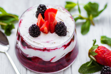 berry trifle, layered mouse in portioned glass jar