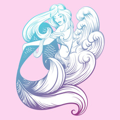 Vector illustration of beautiful mermaid with long hair and sea waves mad in realistic hand drawn sketch line stile. Template for postcard poster banner and print for t-shirt