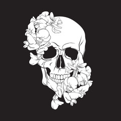 Vector illustration of human skull with flowers made in hand drawn line style. Template for postcard banner poster and print for t-shirt