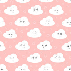 Children seamless pattern with cute clouds, stars on a pink background. vector illustration baby seamless pattern