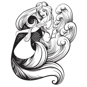 Vector illustration of beautiful mermaid with long hair and sea waves mad in realistic hand drawn sketch line stile. Template for postcard poster banner and print for t-shirt