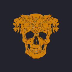 Vector illustration of realistic  human skull with flowers made in hand drawn line style. Template for postcard banner poster and print for t-shirt
