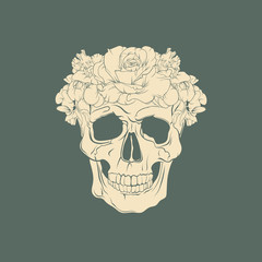 Vector illustration of realistic human skull with flowers made in hand drawn line style. Template for postcard banner poster and print for t-shirt
