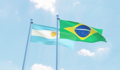 Argentina and Brazil, two flags waving against blue sky. 3d image