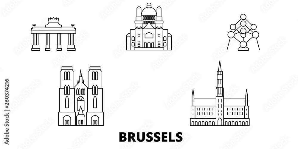 Wall mural Belgium, Brussels flat travel skyline set. Belgium, Brussels black city vector panorama, illustration, travel sights, landmarks, streets.