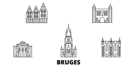 Obraz premium Belgia, zestaw panoramę płaskich podróży Brugia. Belgia, czarna panorama wektor miasta Brugia, ilustracja, zabytki turystyczne, zabytki, ulice.