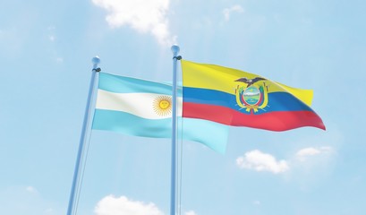Argentina and Ecuador, two flags waving against blue sky. 3d image