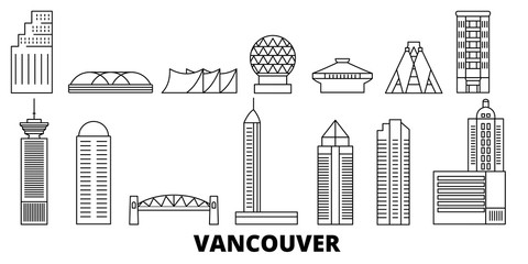 Naklejka premium Kanada, zestaw panoramę płaskiej podróży Vancouver. Kanada, czarna panorama wektor miasta Vancouver, ilustracja, zabytki turystyczne, zabytki, ulice.