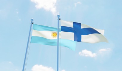 Argentina and Finland, two flags waving against blue sky. 3d image