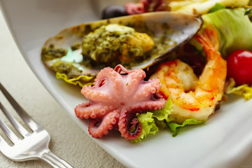 seafood salad, restaurant serving, appetizing food