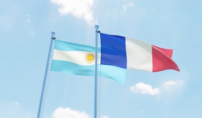 Argentina and France, two flags waving against blue sky. 3d image