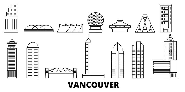 Canada, Vancouver flat travel skyline set. Canada, Vancouver black city vector panorama, illustration, travel sights, landmarks, streets.