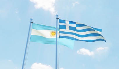 Argentina and Greece, two flags waving against blue sky. 3d image