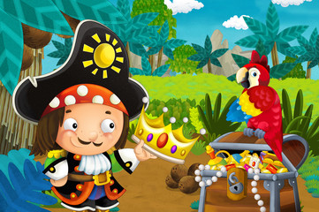 cartoon scene with pirate in the jungle holding royal crown with treasure and parrot - illustration for children
