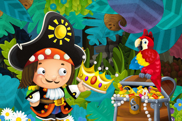 Obraz na płótnie Canvas cartoon scene with pirate in the jungle holding royal crown with treasure and parrot - illustration for children