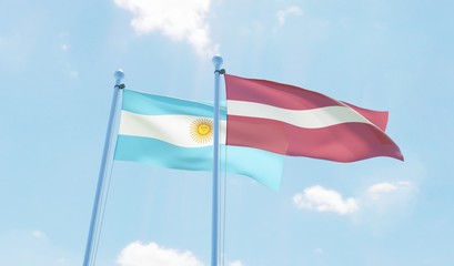 Fototapeta na wymiar Argentina and Latvia, two flags waving against blue sky. 3d image