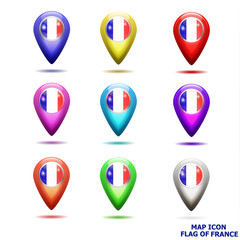 Bright map icon with flag of France. Location Icon illustration