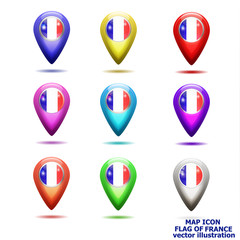 Bright map icon with flag of France. Location Icon vector. Vector illustration