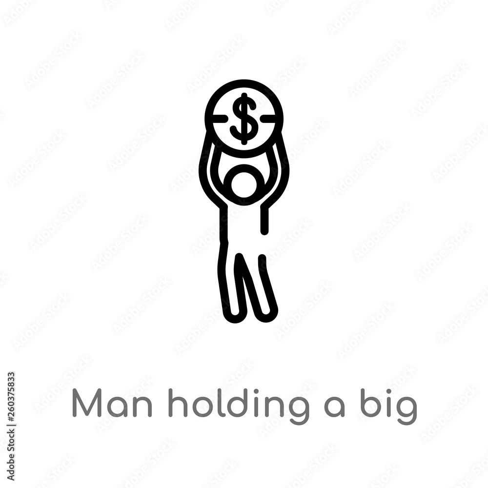 Poster outline man holding a big coin vector icon. isolated black simple line element illustration from bus