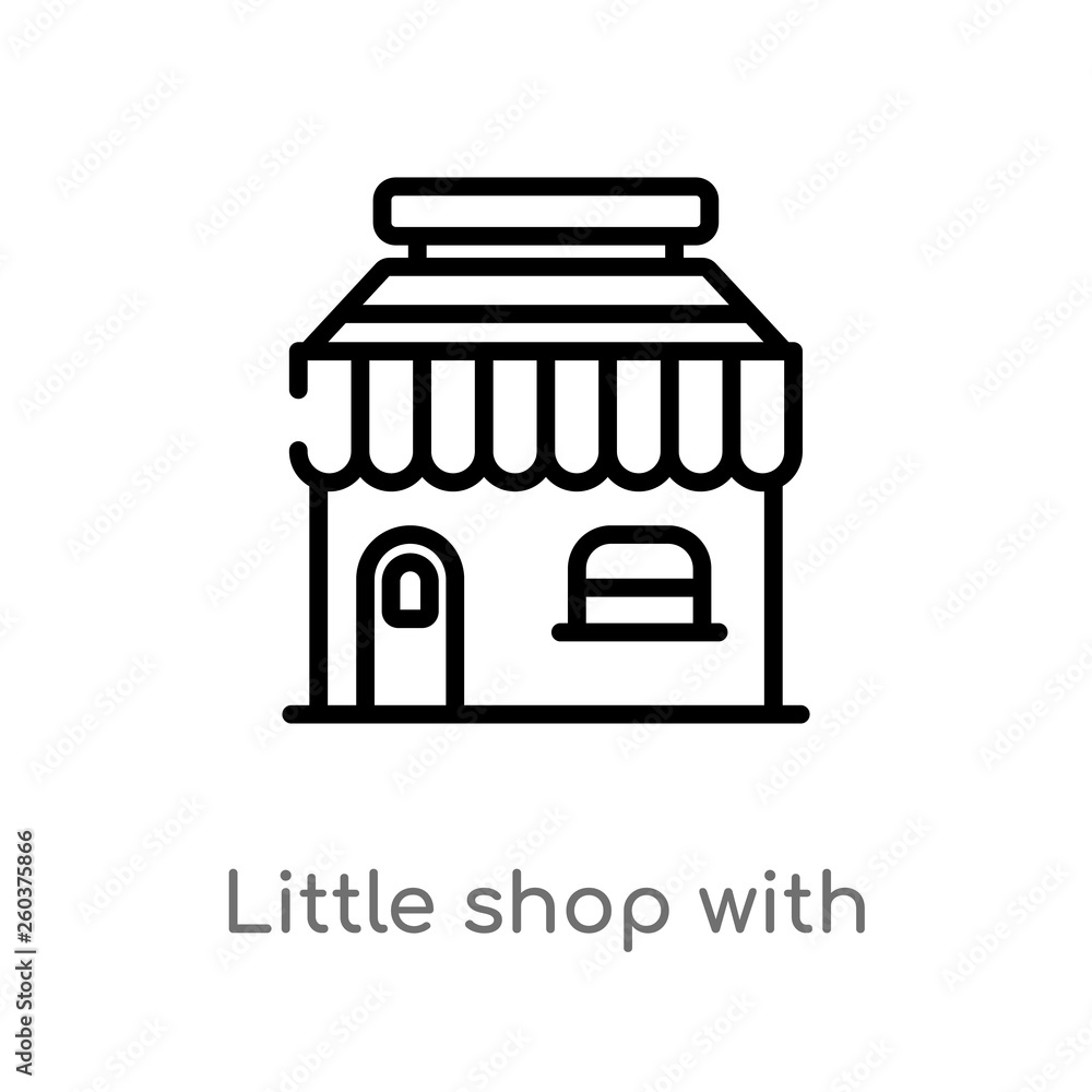 Poster outline little shop with awning vector icon. isolated black simple line element illustration from bu