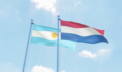 Argentina and Netherlands, two flags waving against blue sky. 3d image