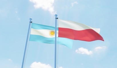 Fototapeta na wymiar Argentina and Poland, two flags waving against blue sky. 3d image
