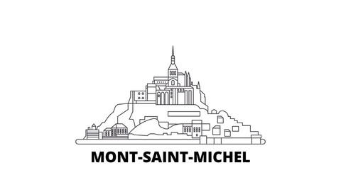 France, Mont Saint Michel And Its Bay flat travel skyline set. France, Mont Saint Michel And Its Bay black city vector panorama, illustration, travel sights, landmarks, streets. - obrazy, fototapety, plakaty