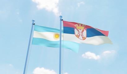 Argentina and Serbia, two flags waving against blue sky. 3d image
