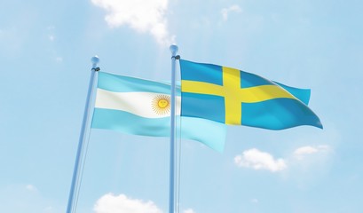 Argentina and Sweden, two flags waving against blue sky. 3d image