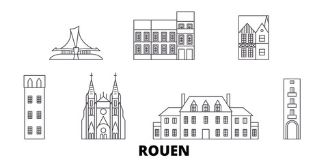 France, Rouen flat travel skyline set. France, Rouen black city vector panorama, illustration, travel sights, landmarks, streets.