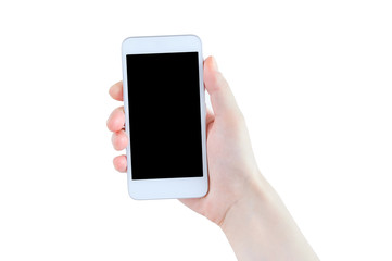 White smartphone with a black display in the hand of a Caucasian girl. Close-up.