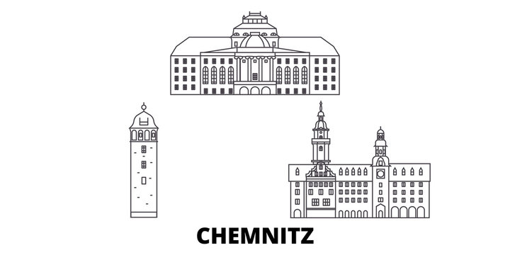 Germany, Chemnitz flat travel skyline set. Germany, Chemnitz black city vector panorama, illustration, travel sights, landmarks, streets.
