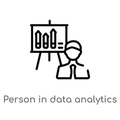 outline person in data analytics presentation with a graphic on a screen vector icon. isolated black simple line element illustration from business concept. editable vector stroke person in data