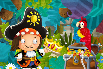 cartoon scene with pirate in the jungle holding royal crown with treasure and parrot - illustration for children